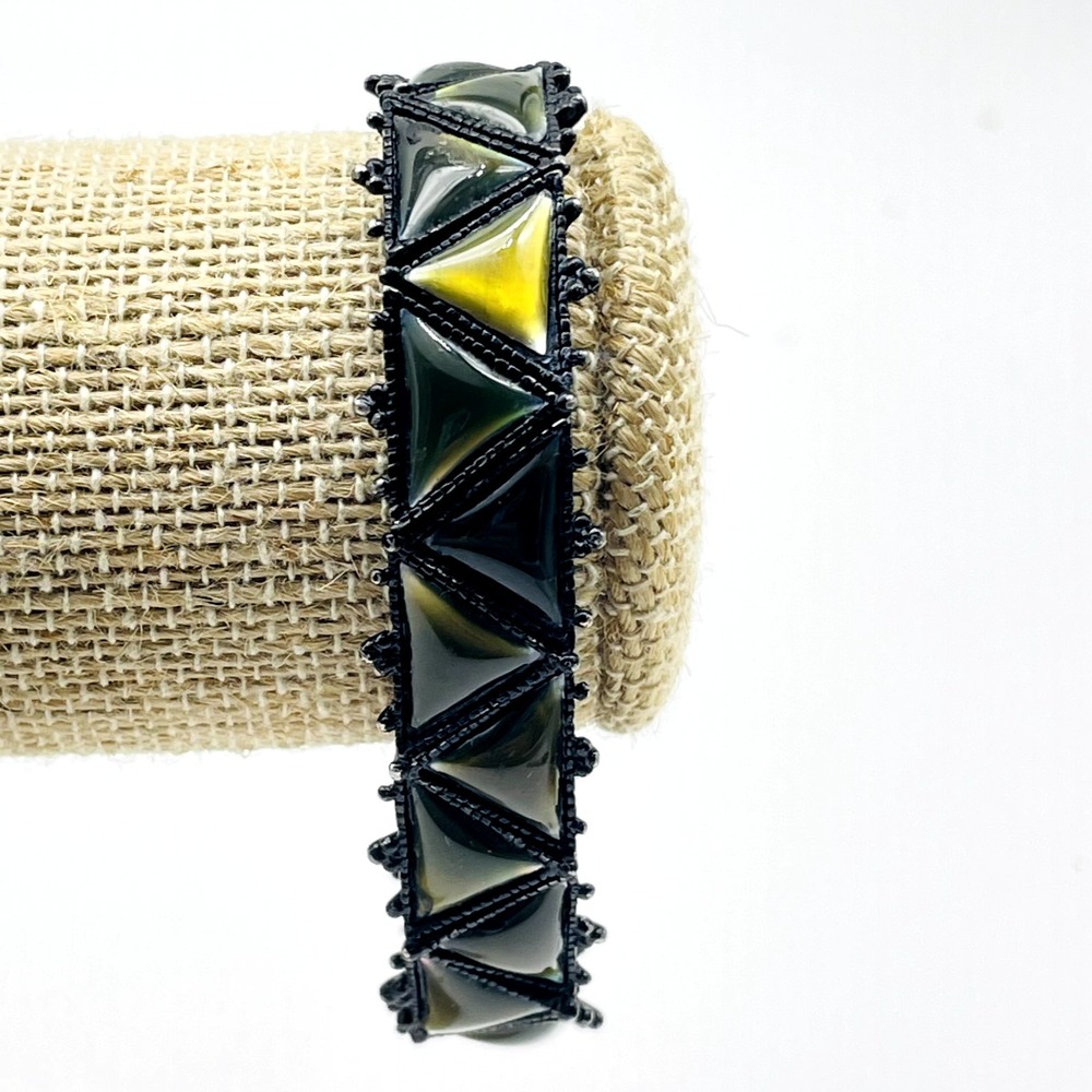 Black Green Gunmetal Tone Stretch Bracelet Geometric Faceted Statement Jewelry